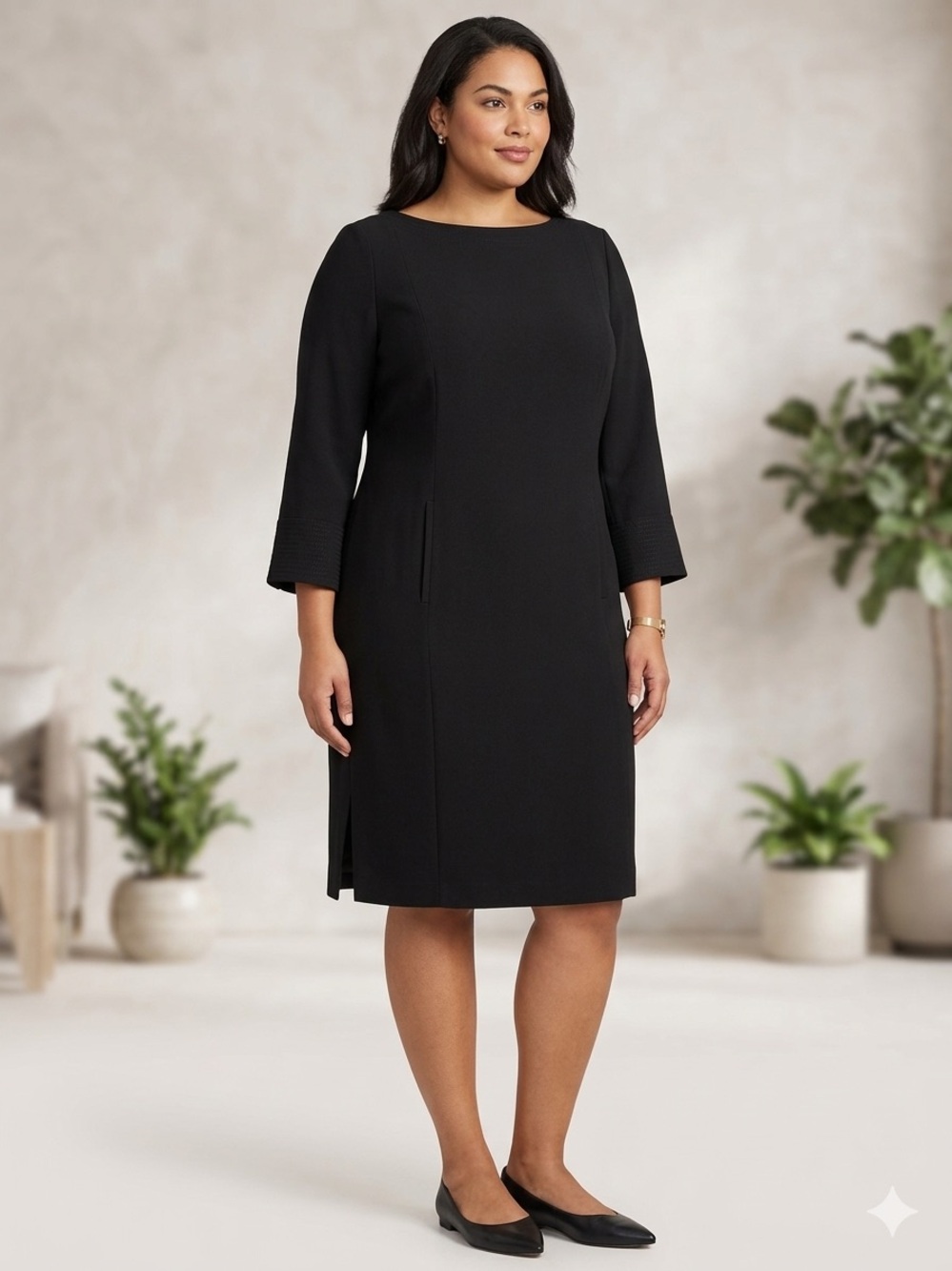 ANNE KLEIN Black Long-Sleeved Sheath Dress